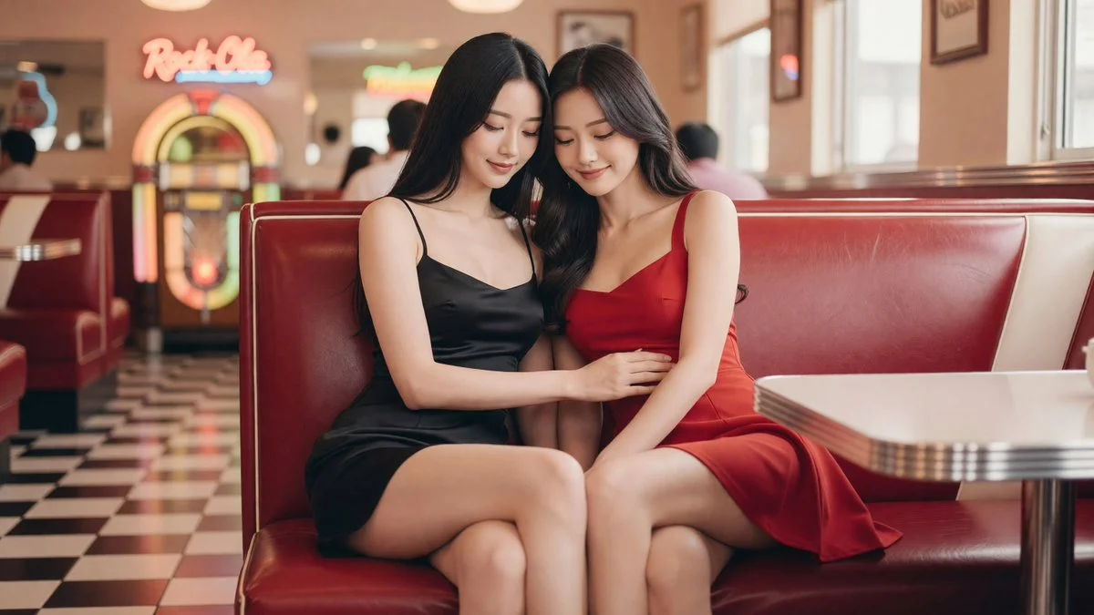 Retro diner scene with two women embracing in soft light