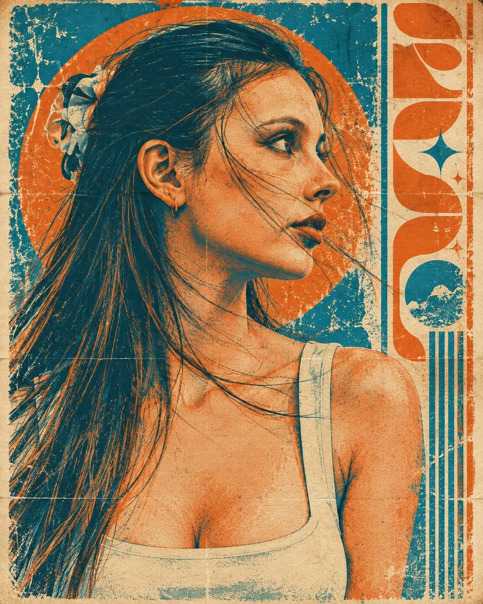Retro Duotone Portrait with Sweeping Hair in Cyan and Orange