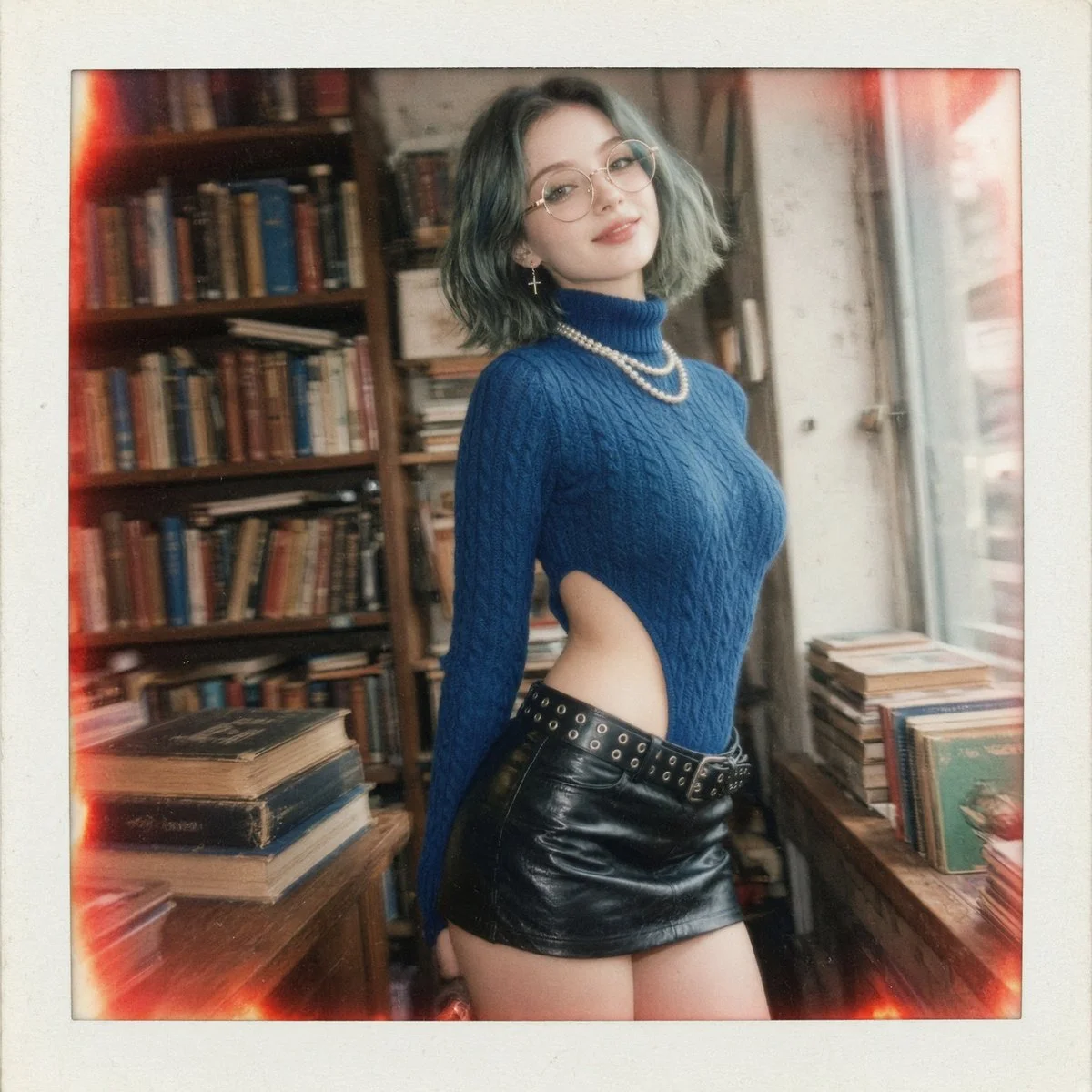 Retro flash portrait illuminates woman among vintage bookshelves