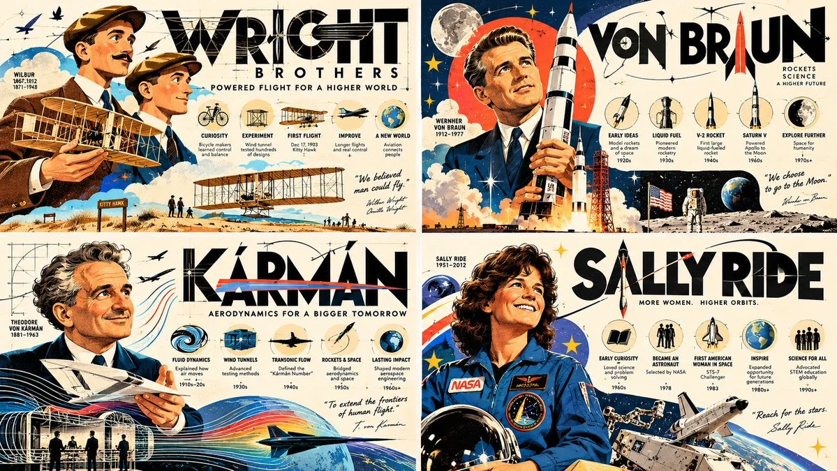 Retro paper-cut aerospace engineers arranged in a four-panel grid