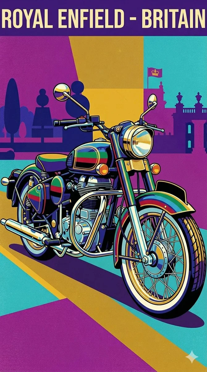 Retro Pop Art Street Machine with Vibrant Stripes and Chrome Shine