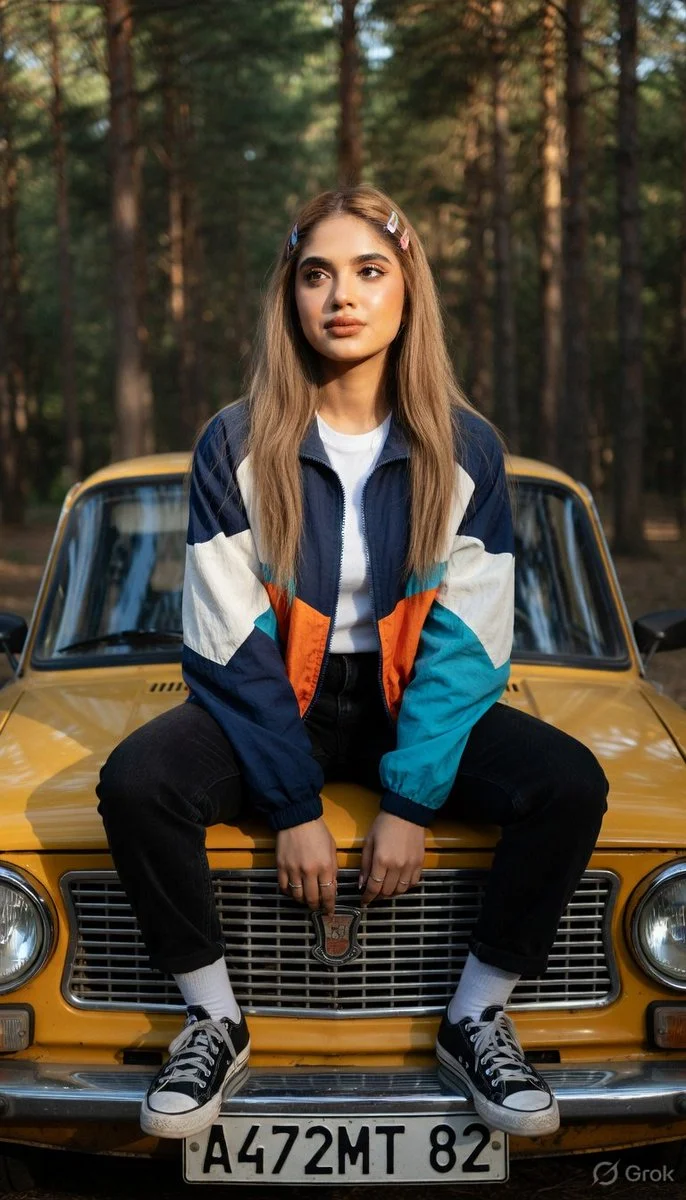 Retro Solitude: Woman on Vintage Yellow Lada Amid Pine Forest
