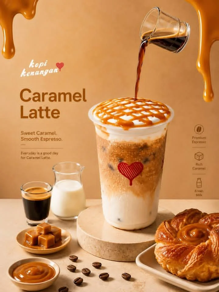Rich caramel latte with golden drizzle on elegant pedestal
