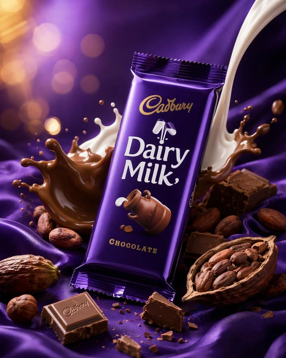 Rich purple silk frames a perfectly glossy chocolate bar