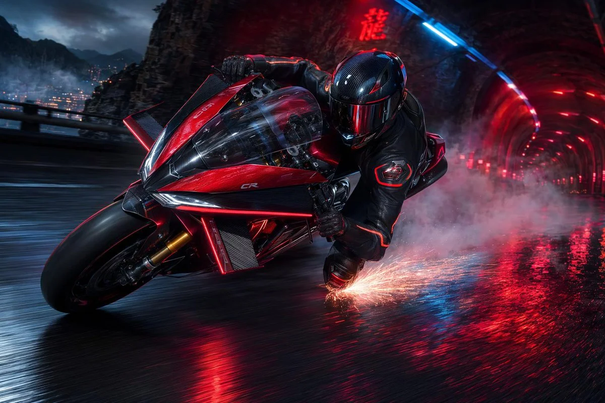 Rider leans into sharp corner on crimson superbike with sparks flying