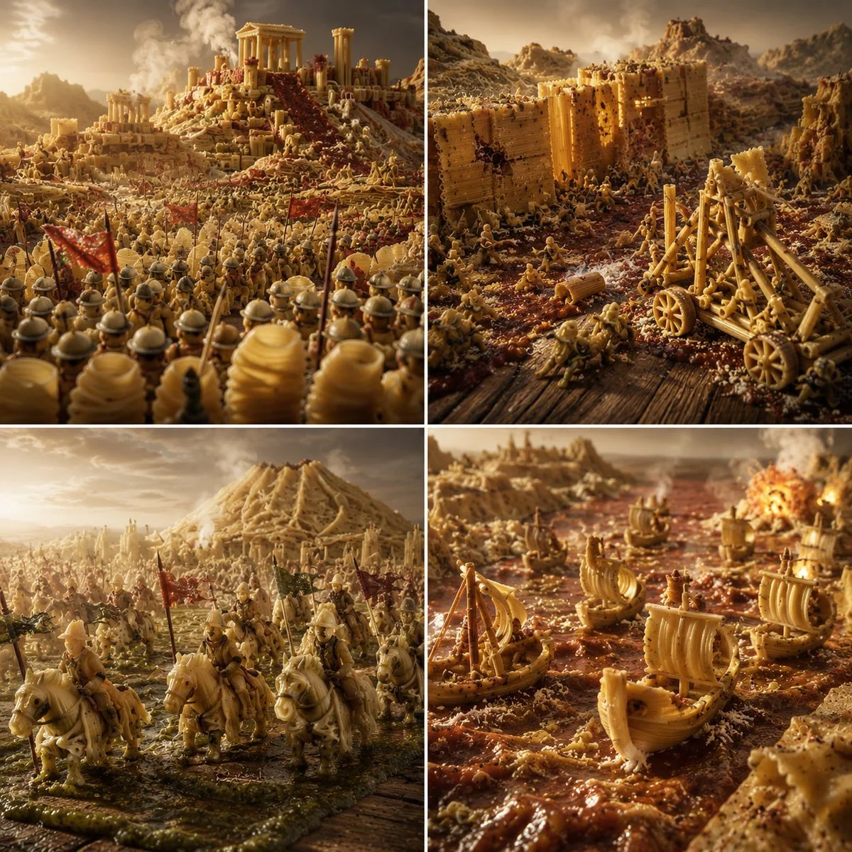 Rigatoni mountains rise from pesto river valleys in epic battle scene