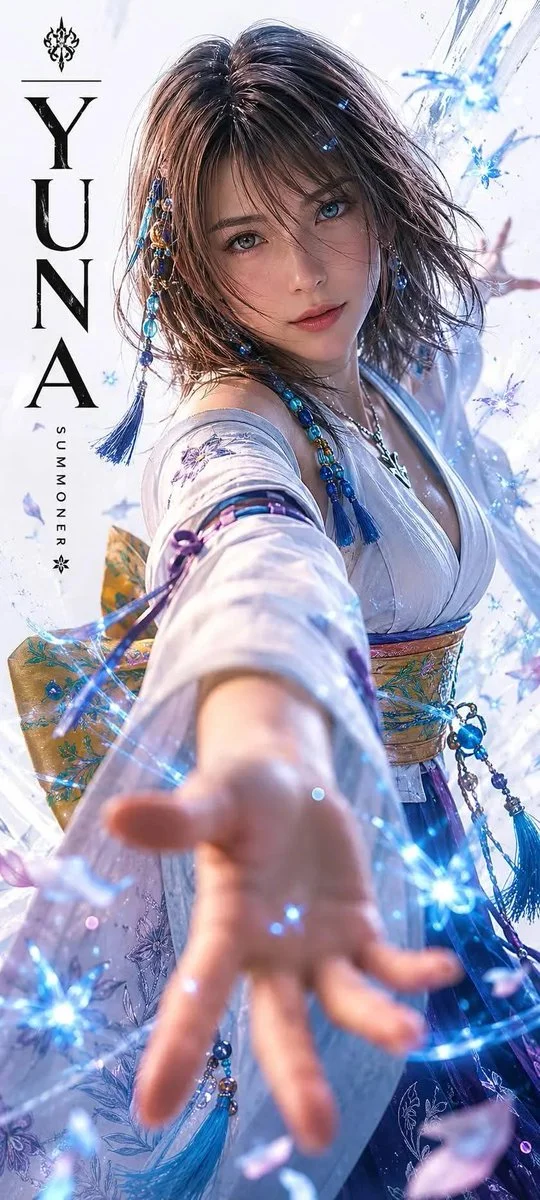 Rikku reaches for a glowing blue sphere in dynamic action pose