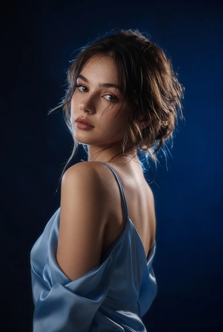 Rim-Lit Portrait Captures Intense Gaze of Woman in Silky Blue Slip Dress