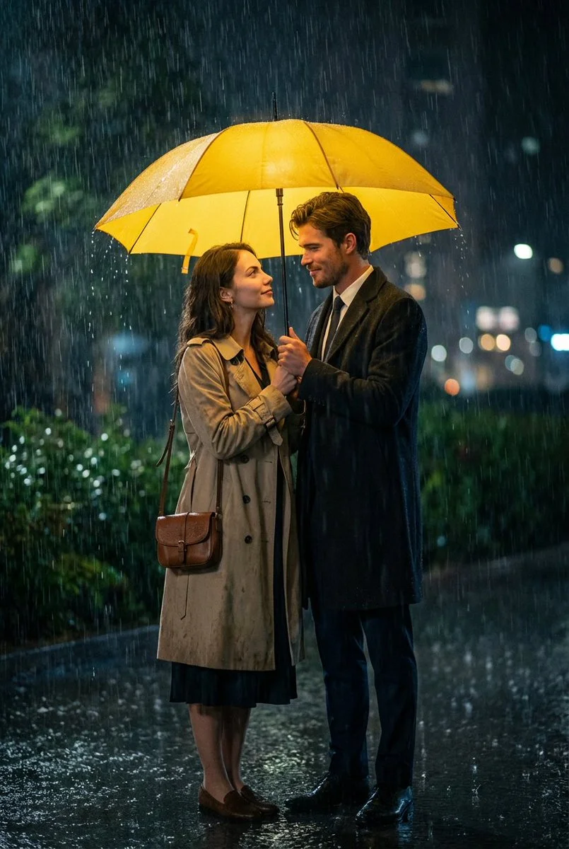 Romance Under Rain: A Yellow Umbrella Moment
