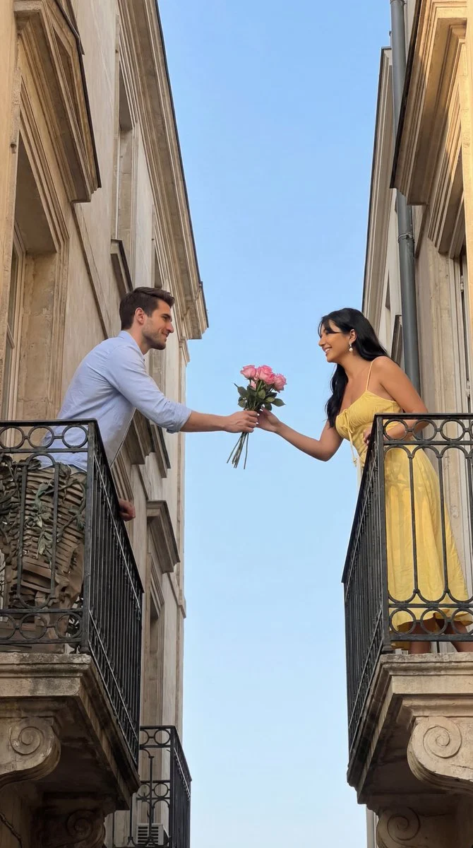 Romantic Balcony Gestures Under a Blue Sky