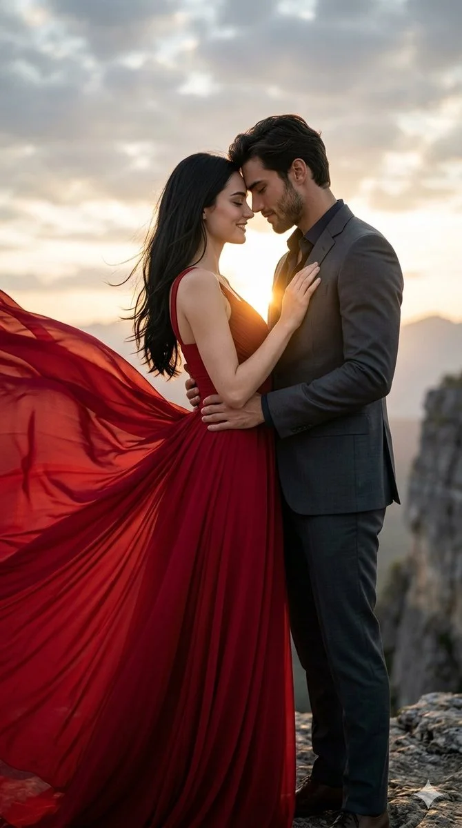 Romantic embrace on a cliff edge during golden sunset