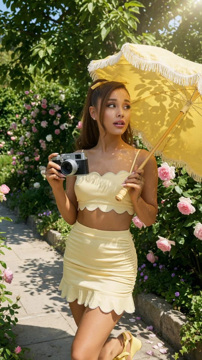 Romantic garden portrait with a yellow parasol and vintage camera