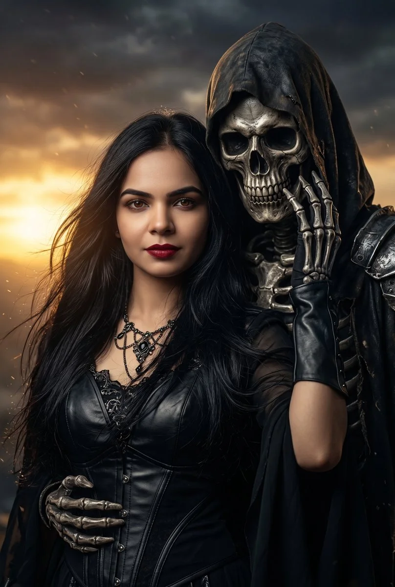 Romantic Horror: Beautiful Woman and Skeleton in Eternal Embrace