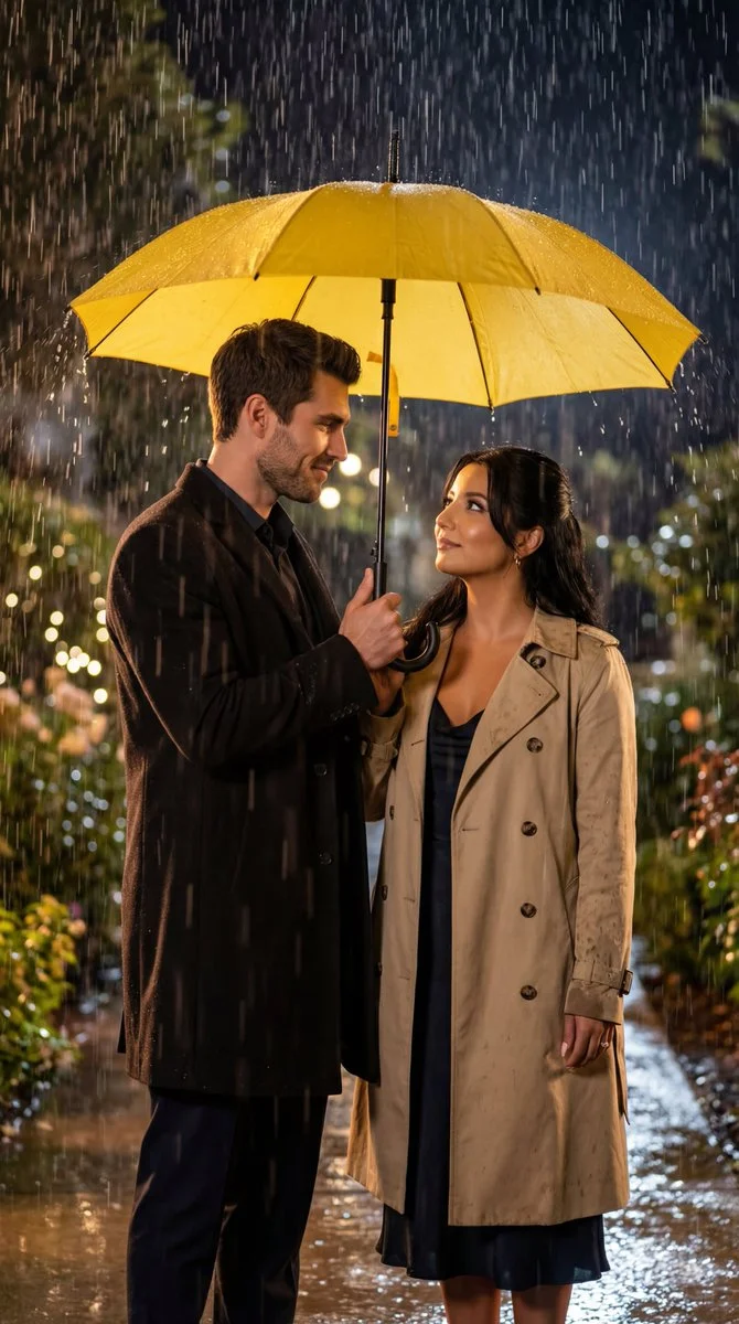 Romantic Rain Under the Yellow Umbrella