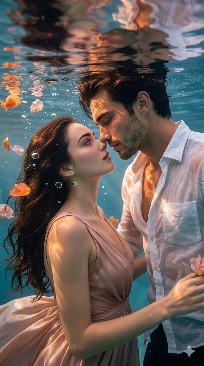Romantic underwater couple floating in ethereal golden sunlight