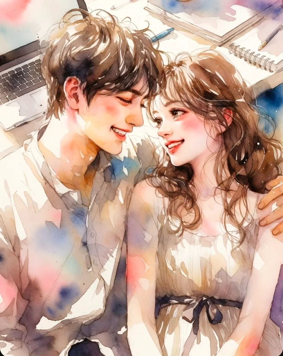 Romantic watercolor illustration of two students taking a break
