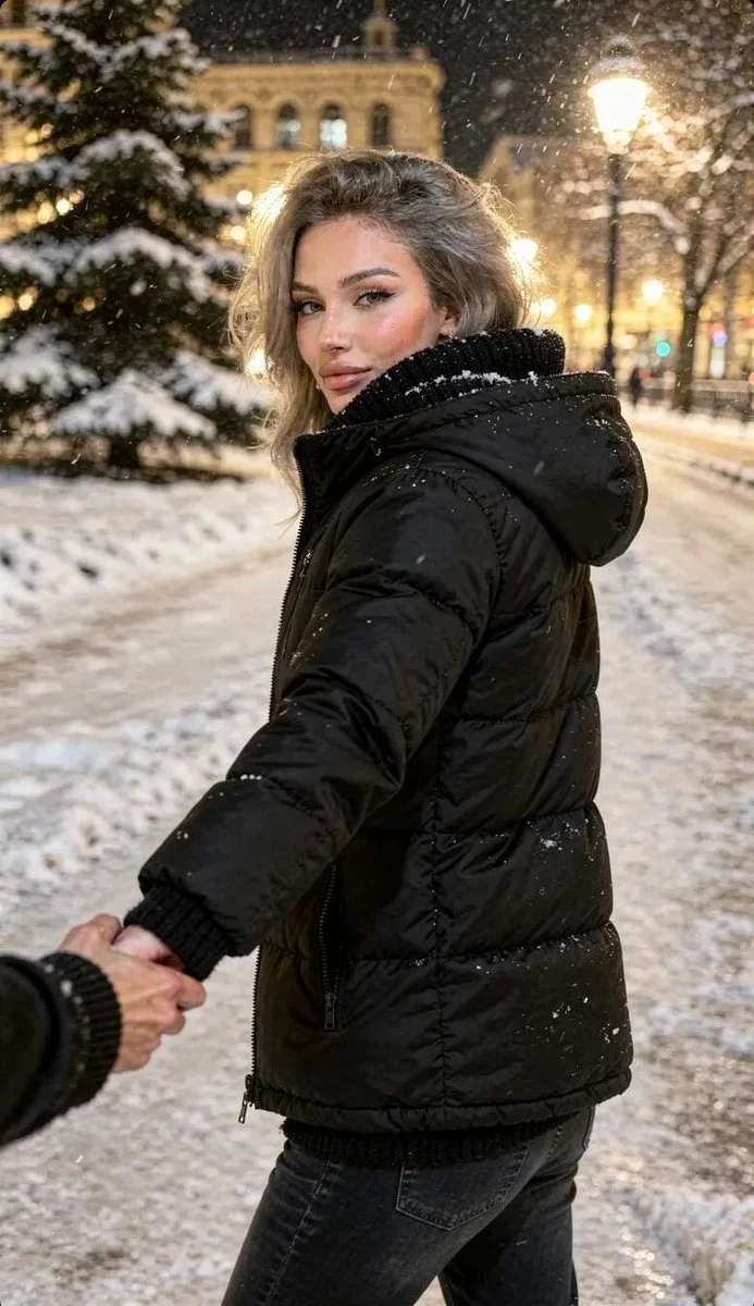 Romantic Winter Stroll Under Snowy Skies