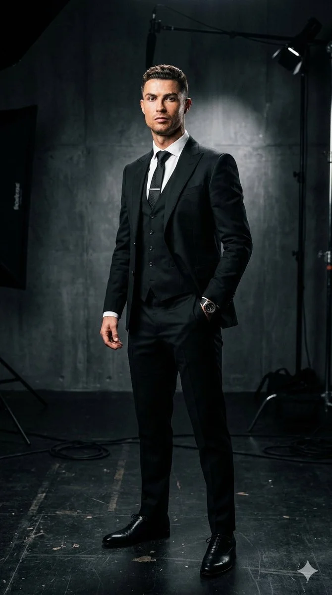 Ronaldo adjusts a luxury watch while seated on a leather stool