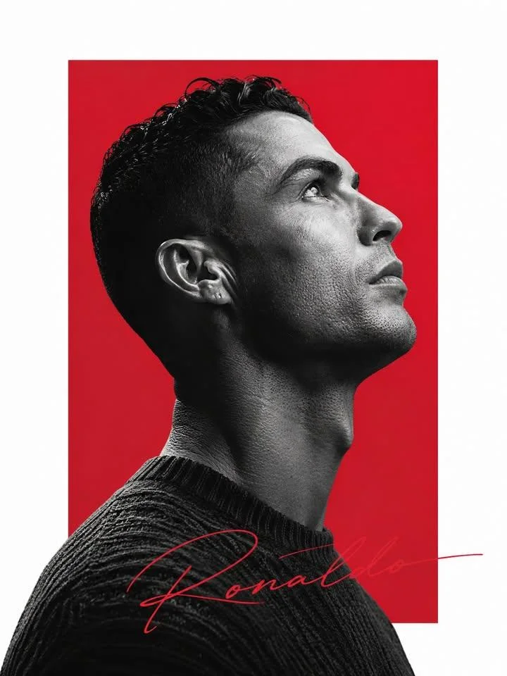 Ronaldo's upward gaze in a crimson-framed minimalist portrait