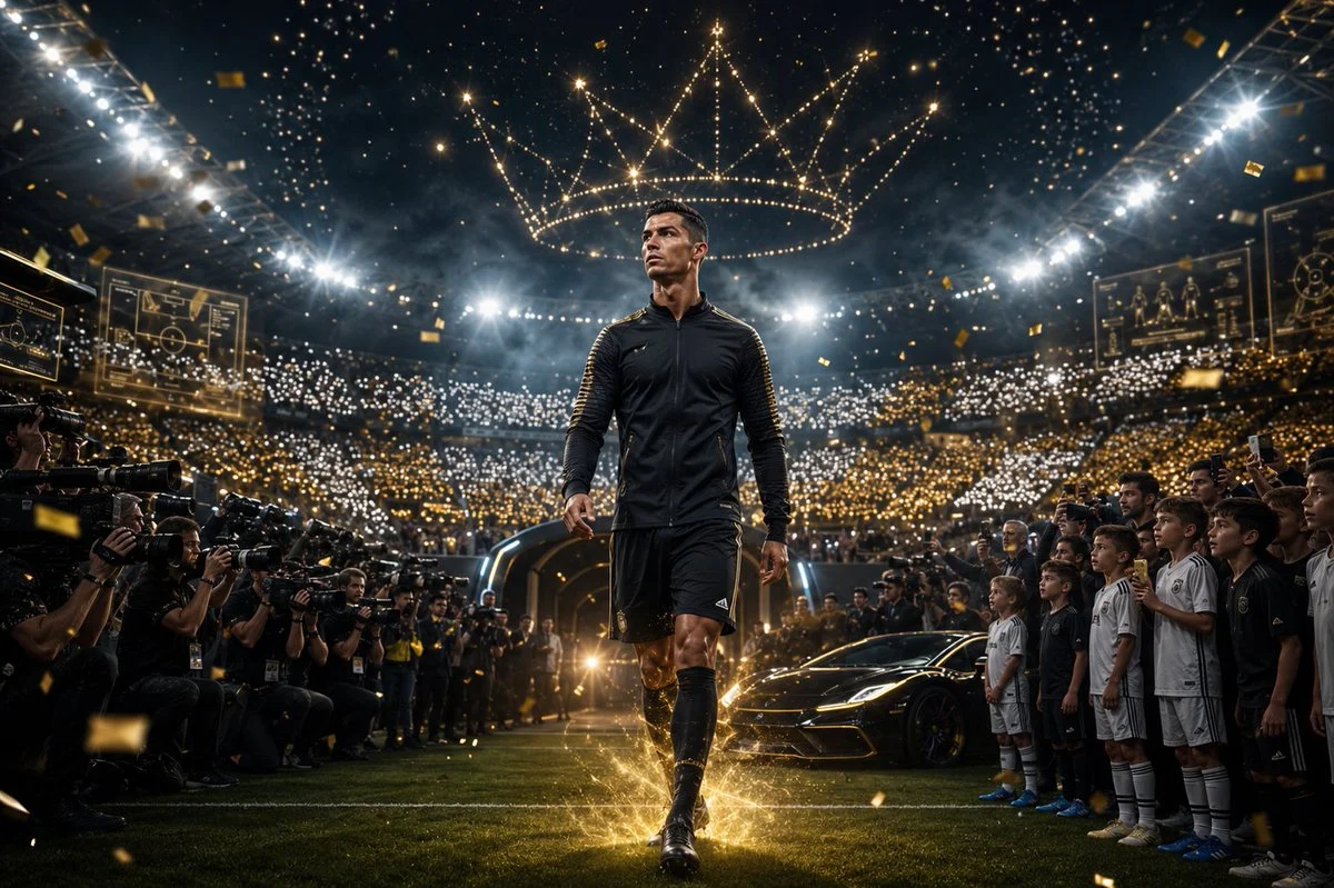 Ronaldo stands in a futuristic stadium beneath glowing CR7 drones.