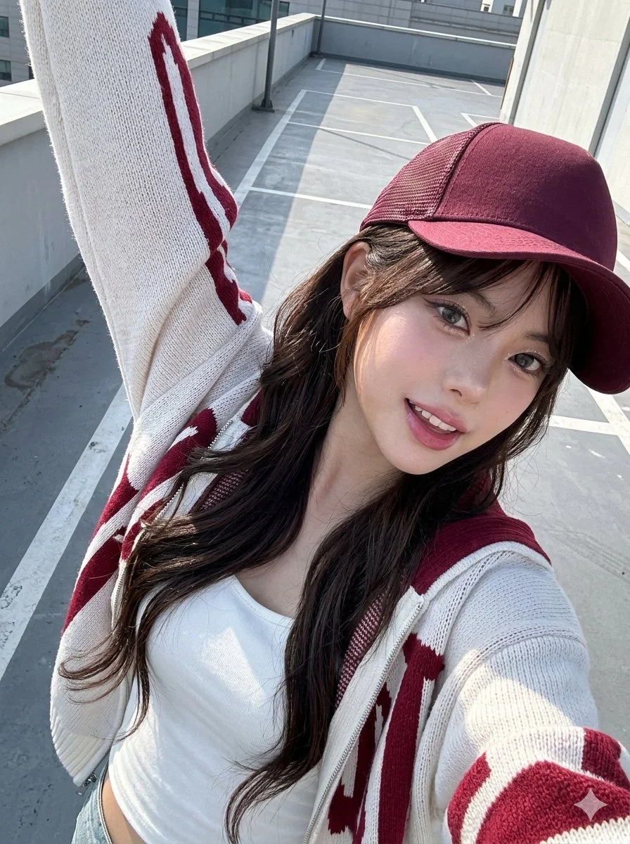 Rooftop Selfie with Dynamic Perspective and Glossy Glam Makeup