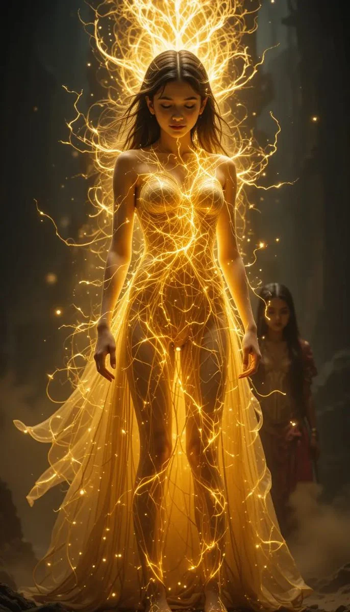 Root-bearer stands serene in underground cave of magic