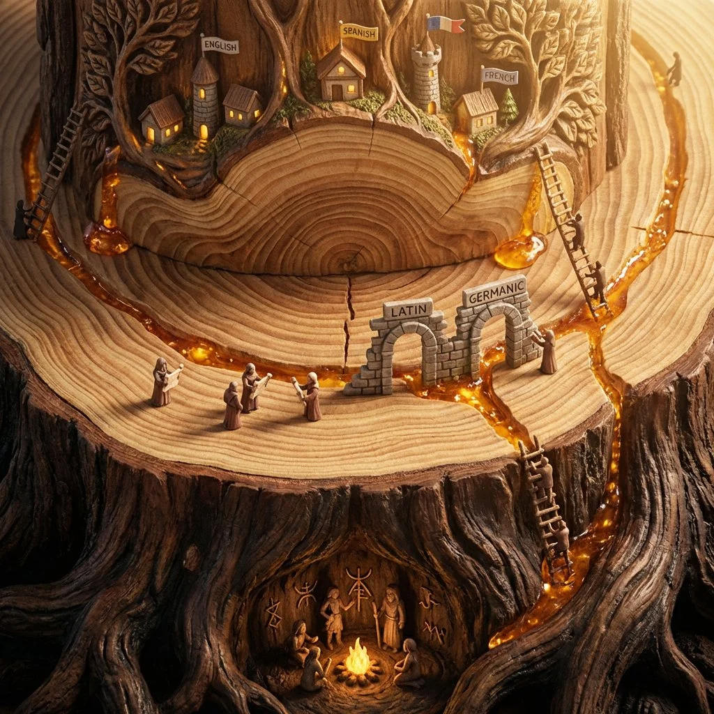 Roots of Language: A Wood-Carved Evolution