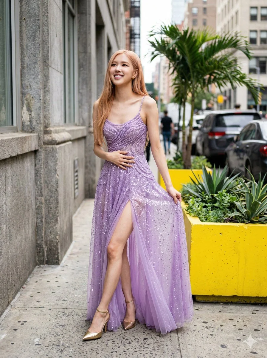 Rosé Shines on the Streets in Lavish Lavender Gown