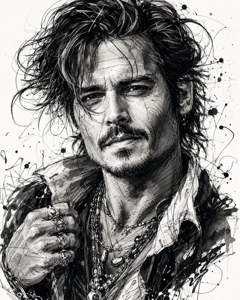 Rough ink strokes capture Tom Cruise and Johnny Depp in caricature