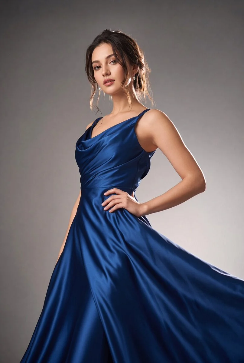 Royal blue satin gown flows dramatically in elegant studio portrait.
