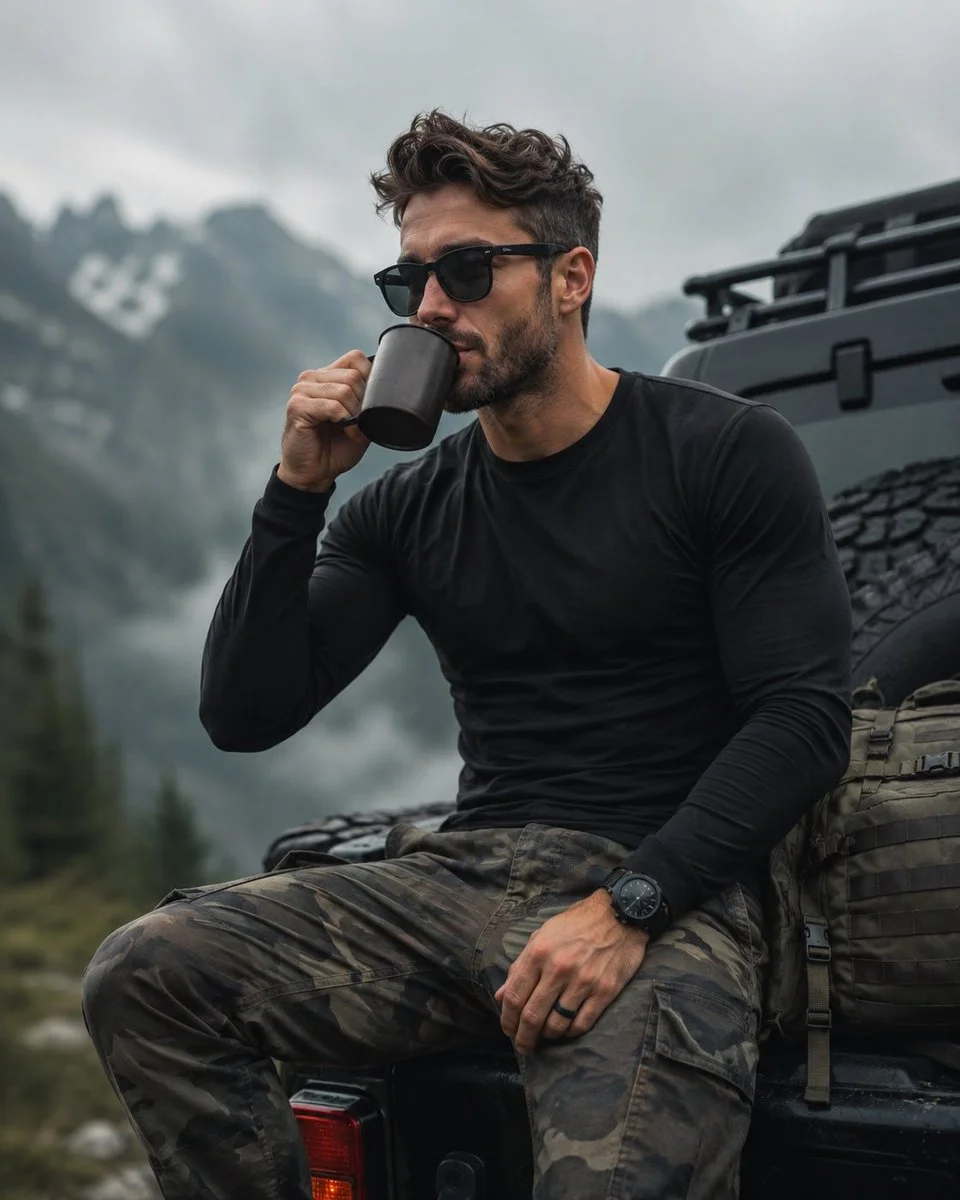 Rugged man in tactical gear drinks coffee on vehicle ridge