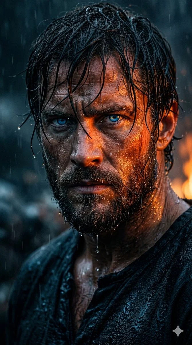 Rugged Man's Intense Gaze in Storm and Firelight