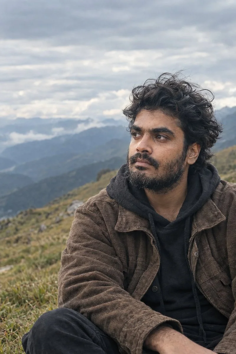 Rugged man sits on grassy hillside as wind moves through his hair