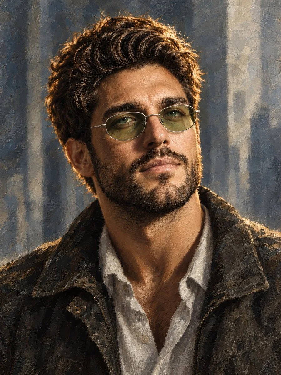 Rugged Man Wearing Green Sunglasses Poses in Digital Oil Portrait