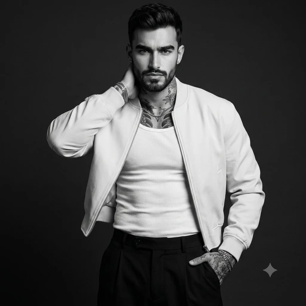 Rugged model in white bomber jacket poses with intense gaze