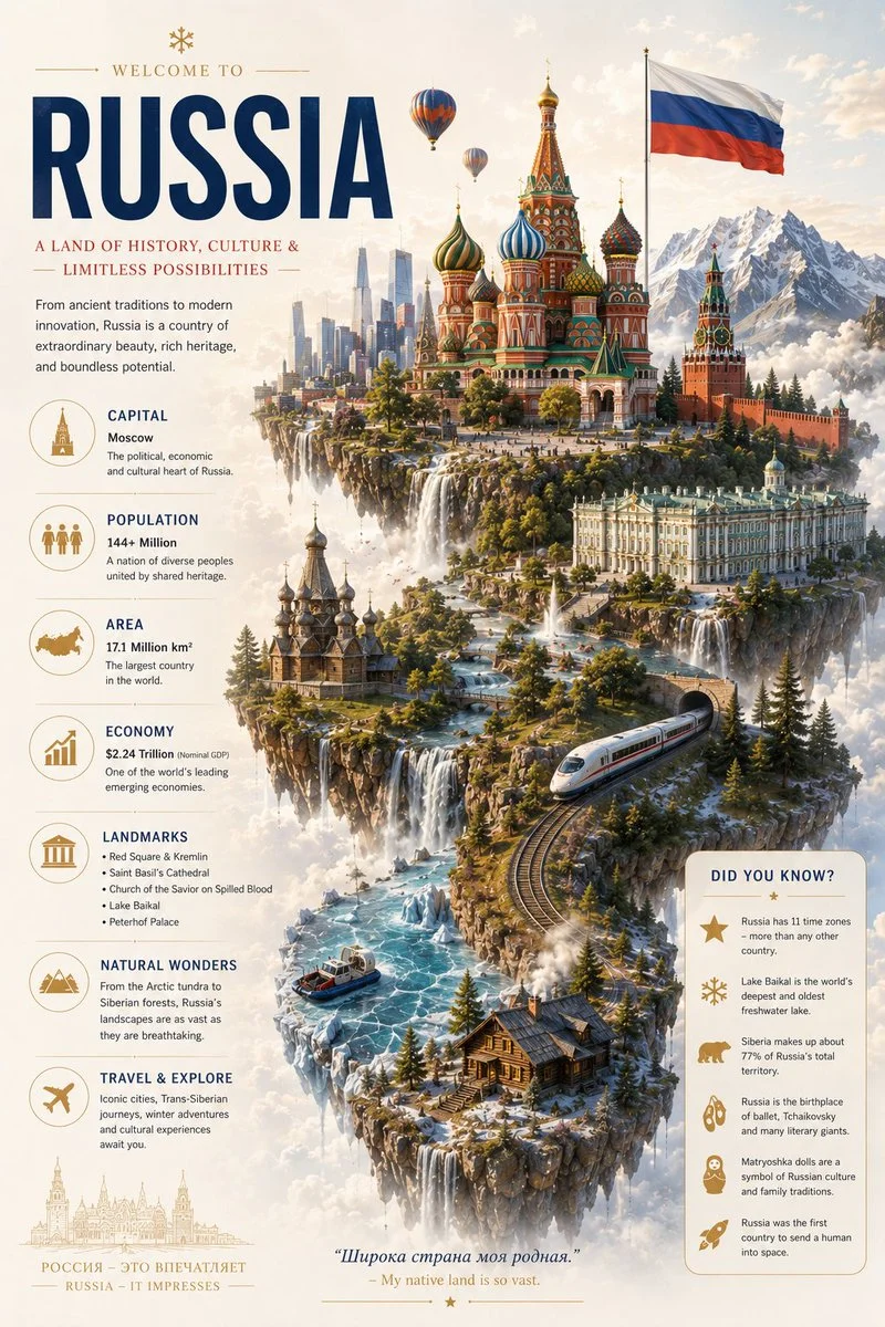 Russia's floating island showcases iconic landmarks in snowy clouds