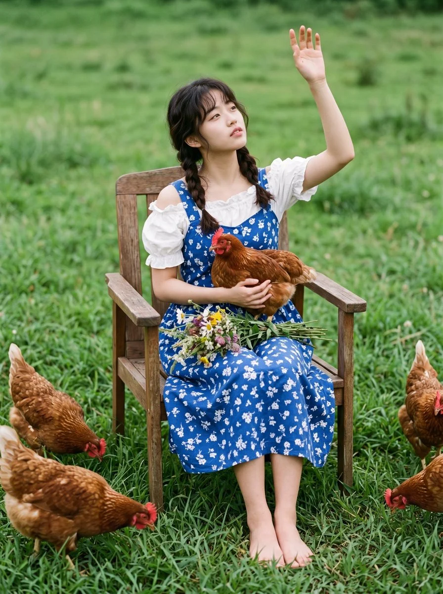 Rustic Cottagecore Scene of Woman Raising Hand with Hen in Lap