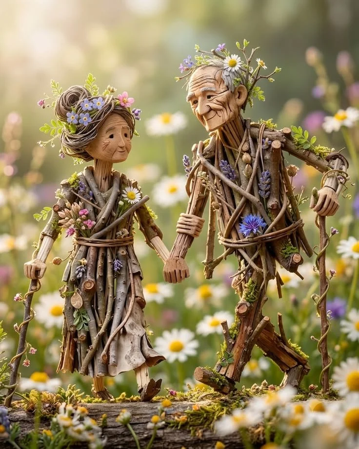 Rustic Wooden Elderly Couple Sharing a Tender Moment on Swing