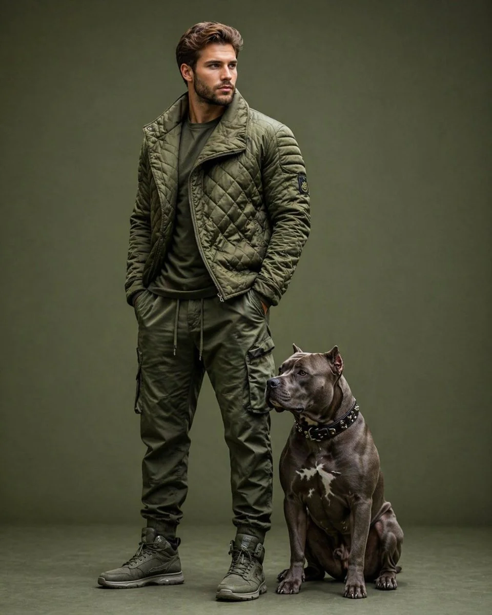 Sage Green Tactical Editorial Portrait with Man and Pitbull