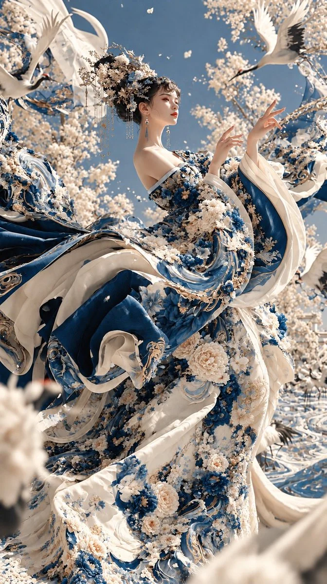 Sapphire Silk Dancer Floats Gracefully Beneath Blooming Cherry Trees