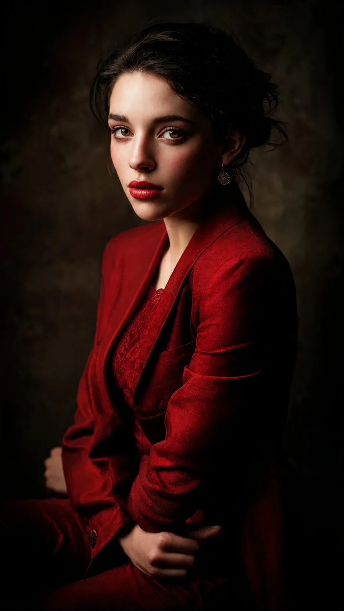 Scarlet-clad woman stares intensely in dramatic cinematic portrait