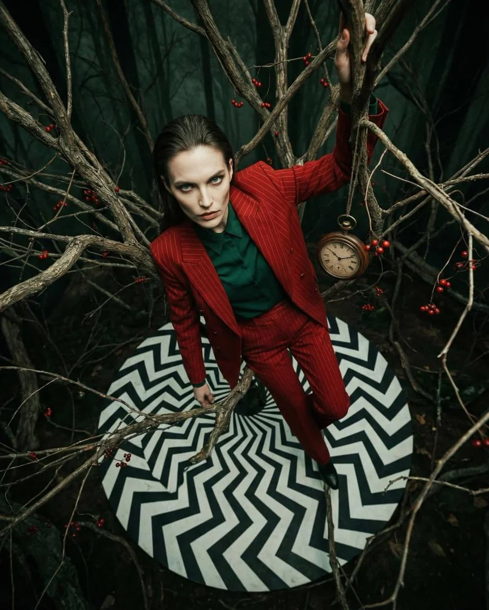 Scarlet Suit in a Surreal Vortex of Time and Nature