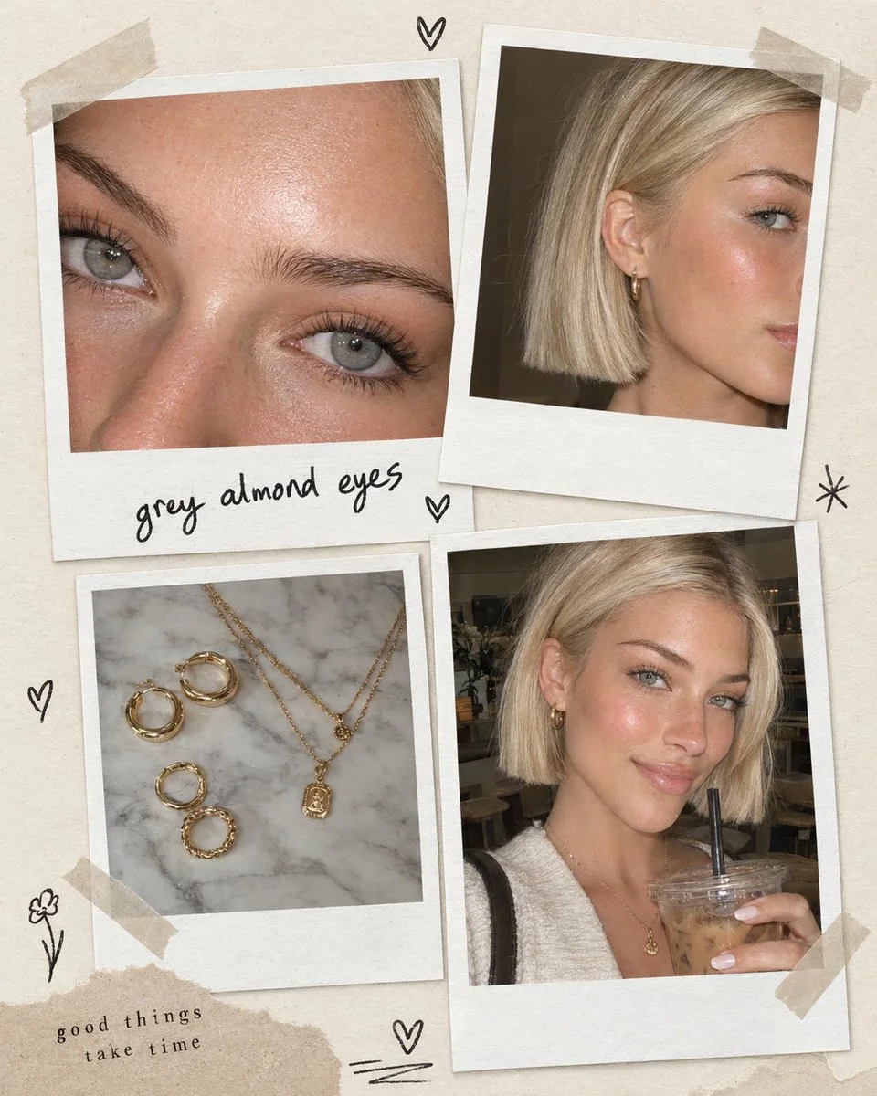 Scrapbook Collage Shows Blonde Woman's Grey Eyes And Gold Hoops