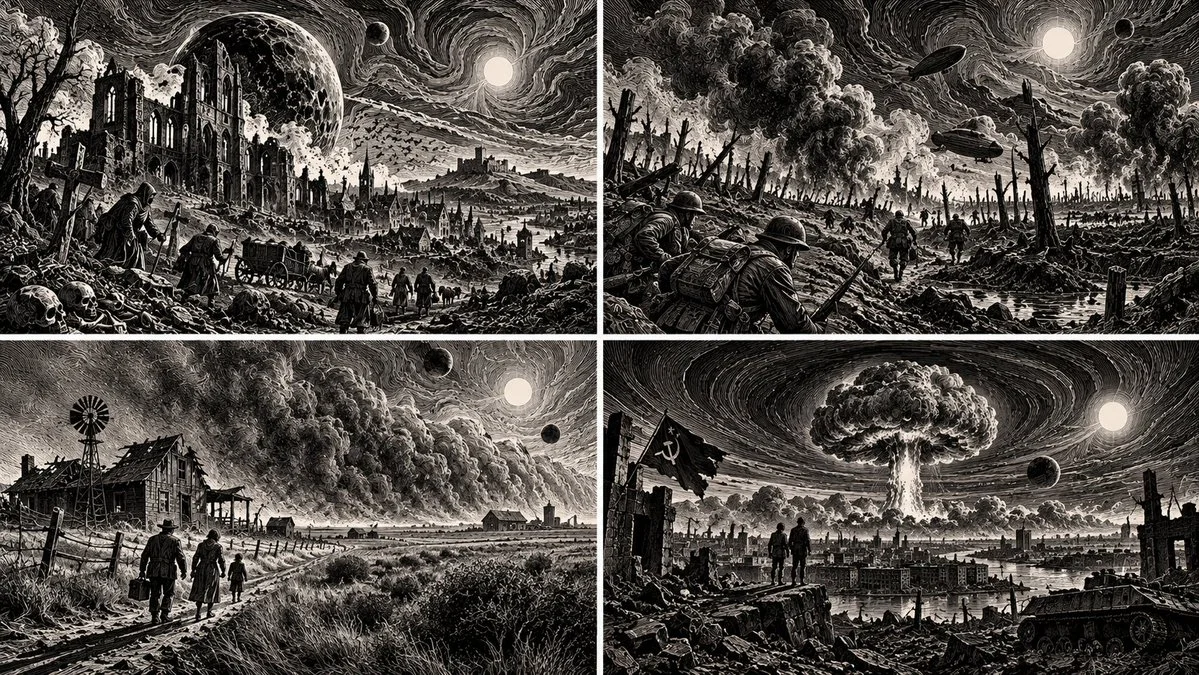 Scratchboard engraving shows black ivory fields with flowing lines
