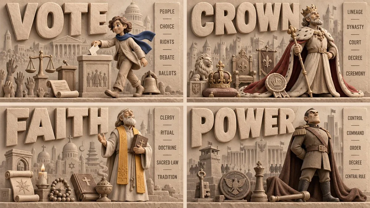 Sculpted Clay Posters Visualize Four Systems of Government in Warm Monochrome