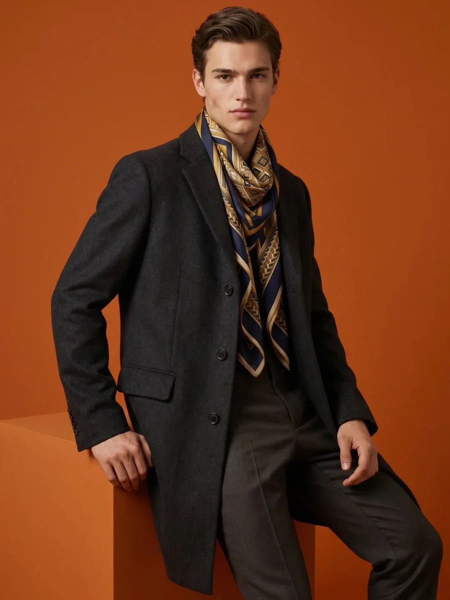 Sculpted Elegance in Tailored Wool and Silk Against Terracotta Geometry