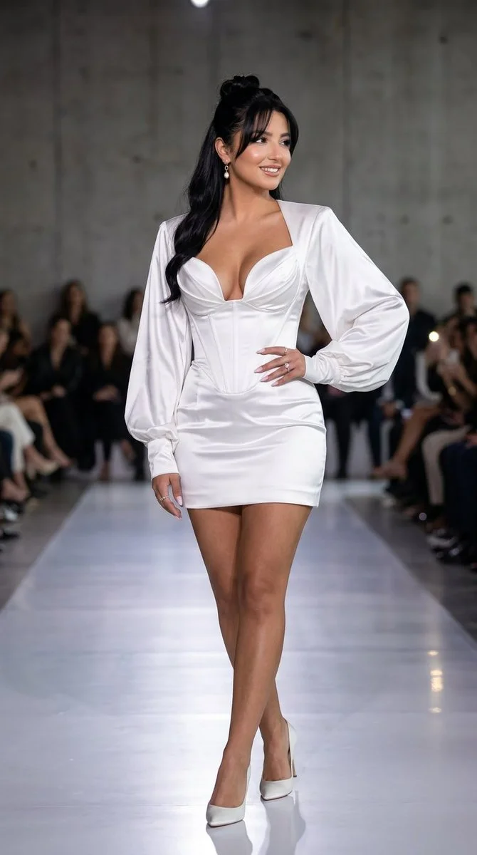 Sculpted Elegance: White Satin Couture Runway Portrait