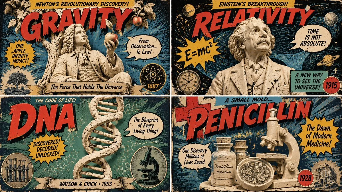 Sculpted ivory figure posed amid vintage comic halftone bursts