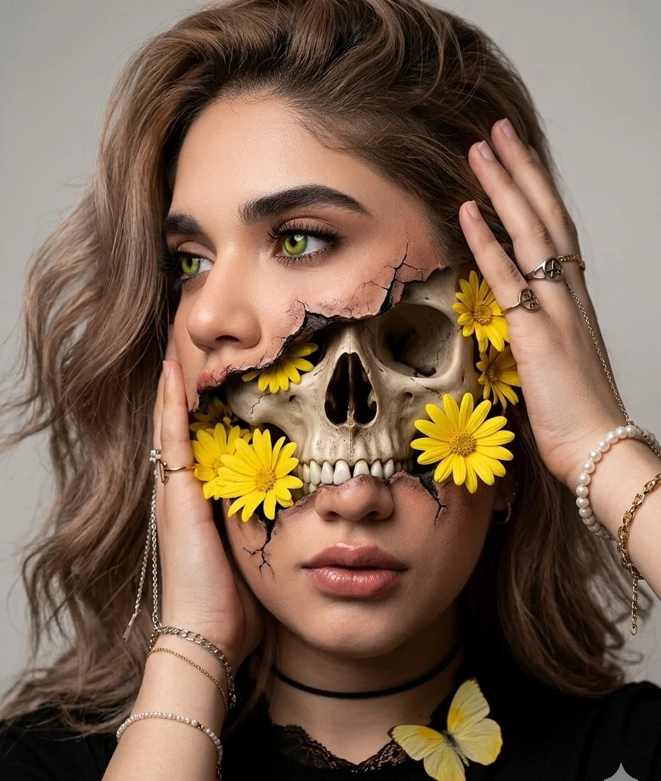 Sculpted Reality: Twisted Beauty with Exposed Skull and Floral Contrast