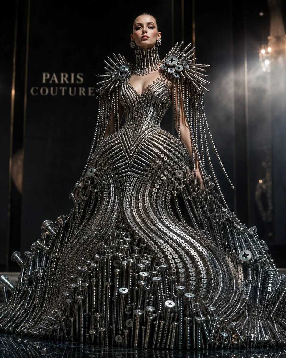Sculpted steel gown cascades like metallic water on model